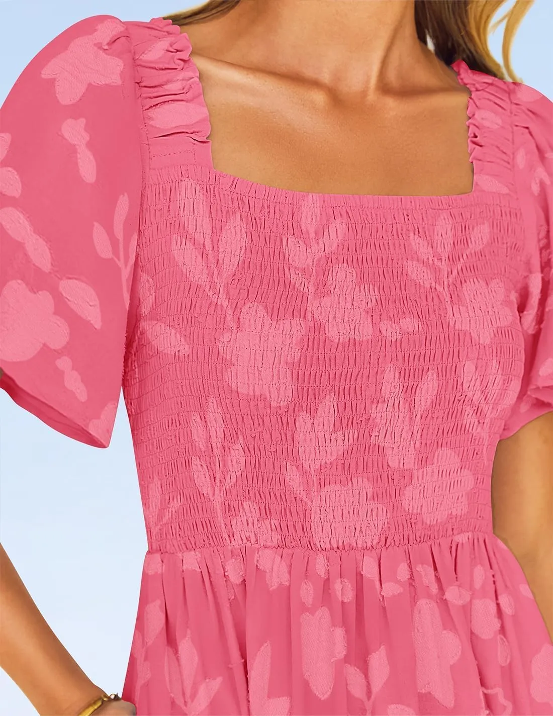 ZESICA Women‘s Summer Boho Floral Midi Dress 2025 Casual Short Sleeve Square Neck Flowy Beach Vacation Long Dress