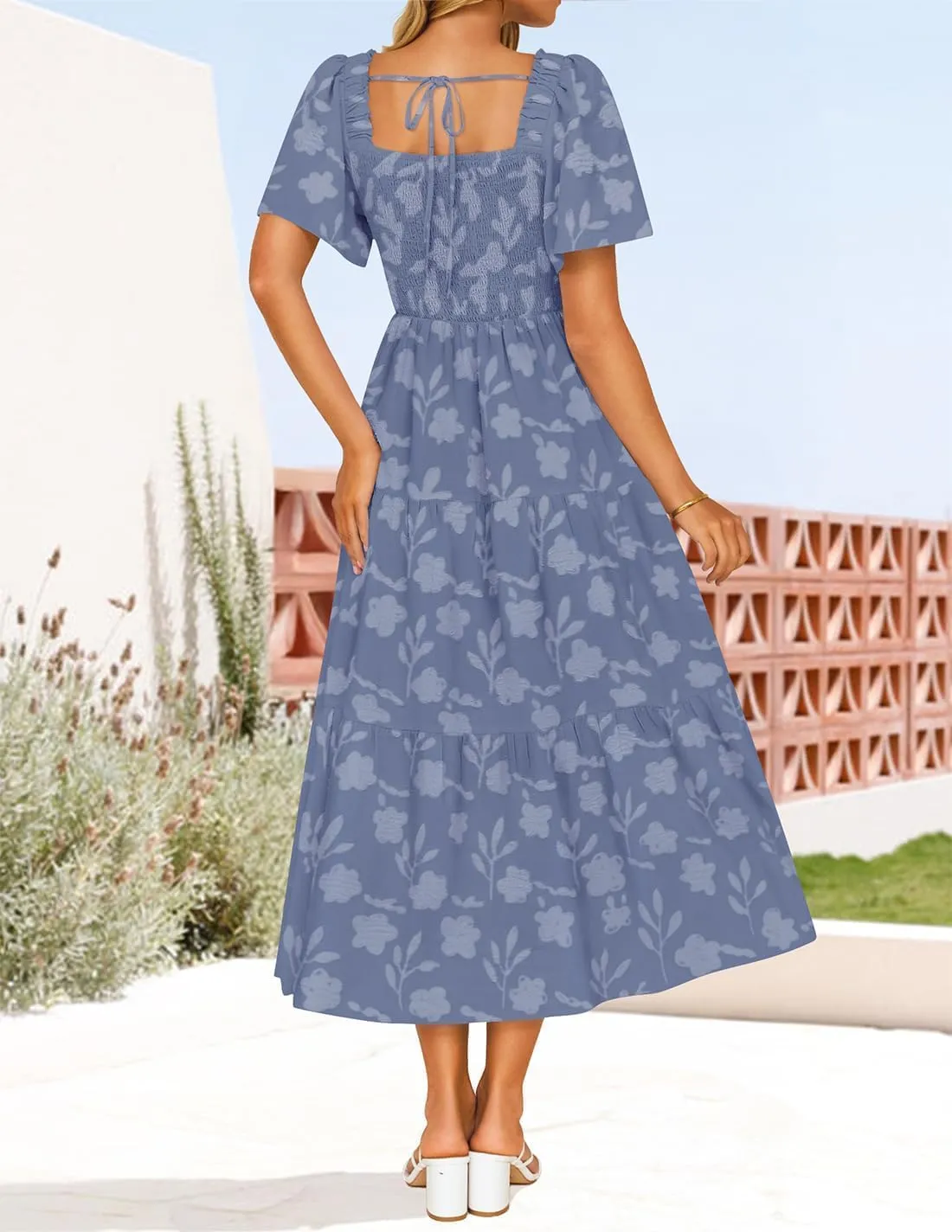 ZESICA Women‘s Summer Boho Floral Midi Dress 2025 Casual Short Sleeve Square Neck Flowy Beach Vacation Long Dress