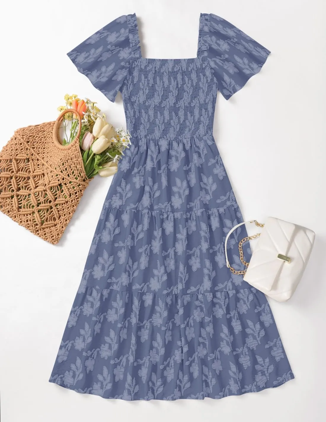 ZESICA Women‘s Summer Boho Floral Midi Dress 2025 Casual Short Sleeve Square Neck Flowy Beach Vacation Long Dress