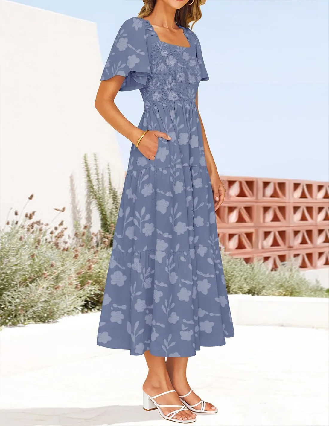 ZESICA Women‘s Summer Boho Floral Midi Dress 2025 Casual Short Sleeve Square Neck Flowy Beach Vacation Long Dress