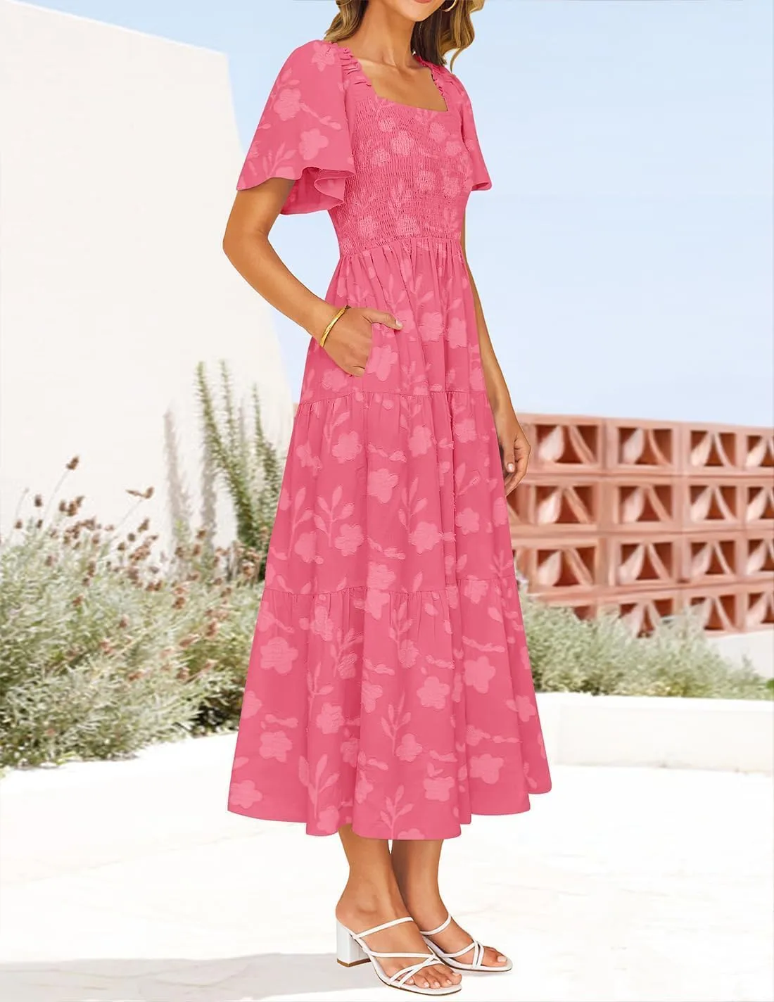 ZESICA Women‘s Summer Boho Floral Midi Dress 2025 Casual Short Sleeve Square Neck Flowy Beach Vacation Long Dress
