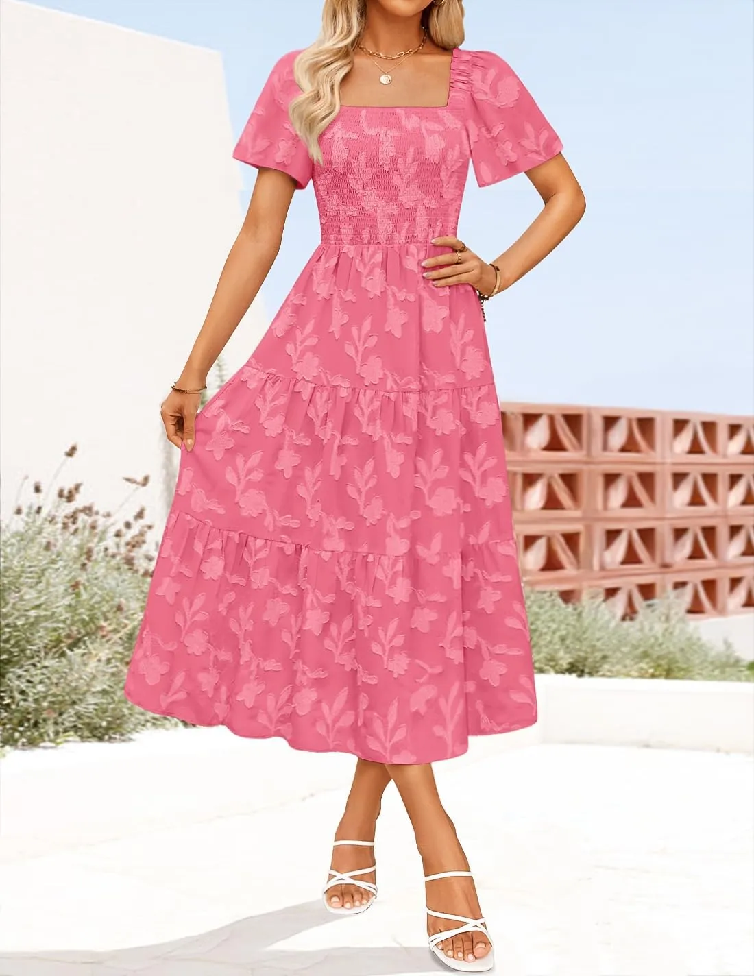 ZESICA Women‘s Summer Boho Floral Midi Dress 2025 Casual Short Sleeve Square Neck Flowy Beach Vacation Long Dress