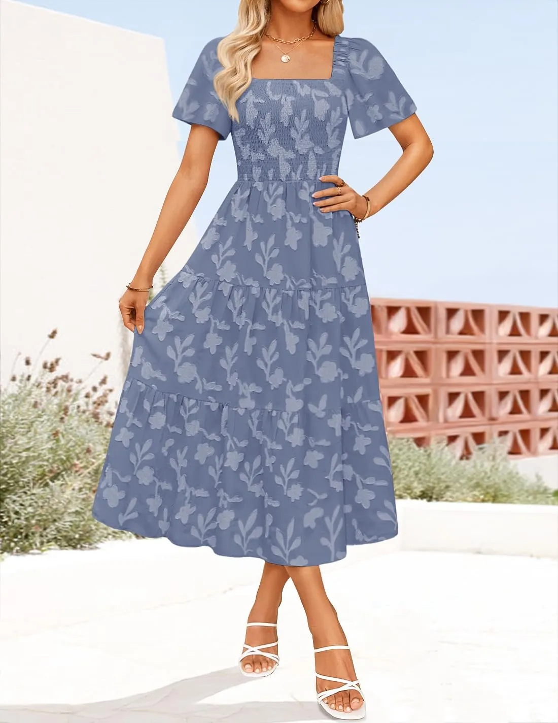 ZESICA Women‘s Summer Boho Floral Midi Dress 2025 Casual Short Sleeve Square Neck Flowy Beach Vacation Long Dress