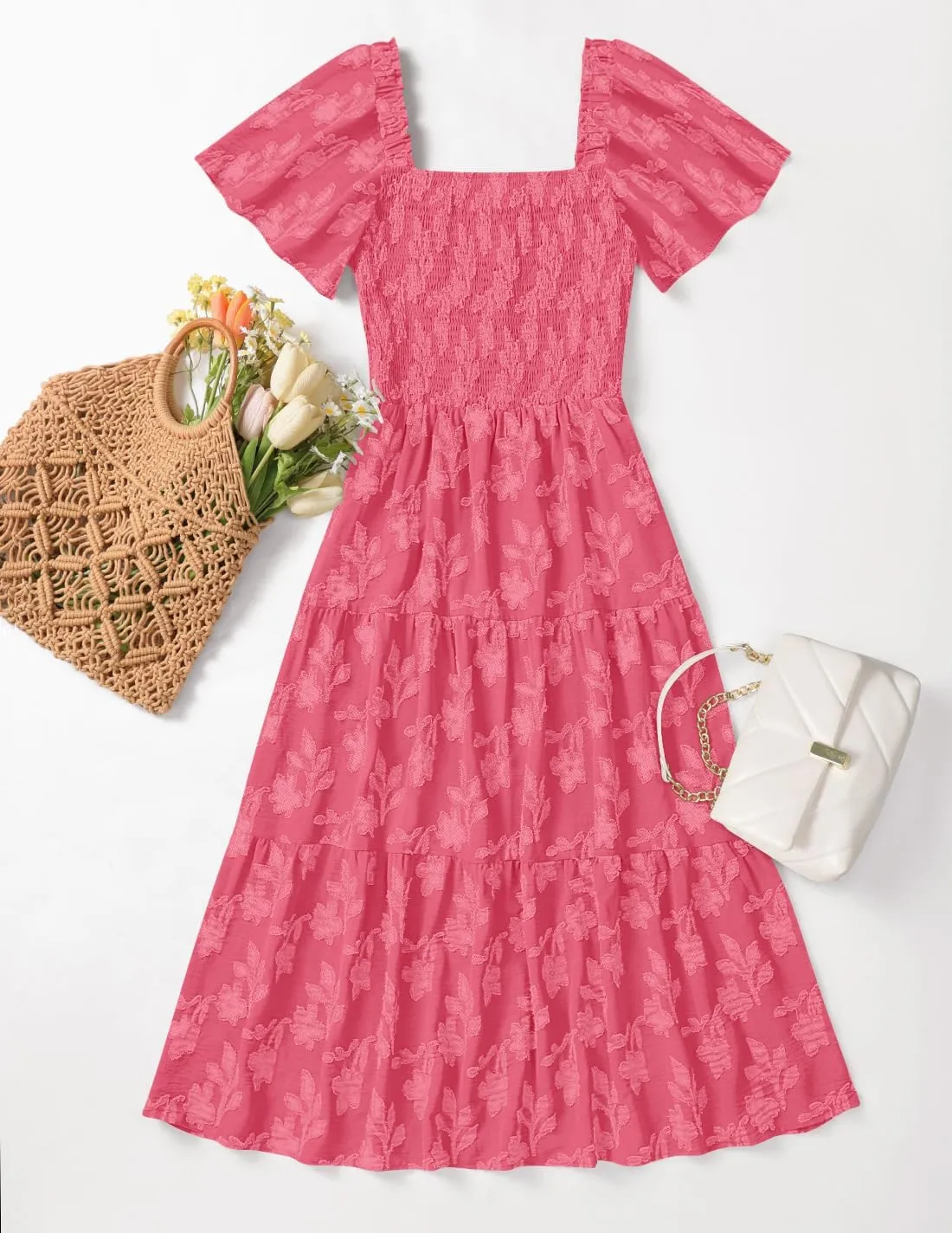 ZESICA Women‘s Summer Boho Floral Midi Dress 2025 Casual Short Sleeve Square Neck Flowy Beach Vacation Long Dress