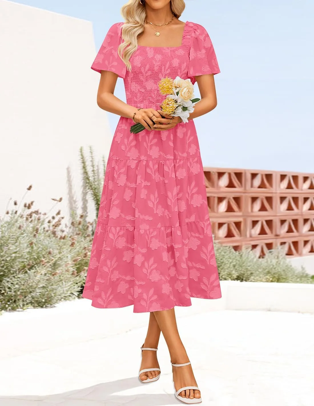 ZESICA Women‘s Summer Boho Floral Midi Dress 2025 Casual Short Sleeve Square Neck Flowy Beach Vacation Long Dress