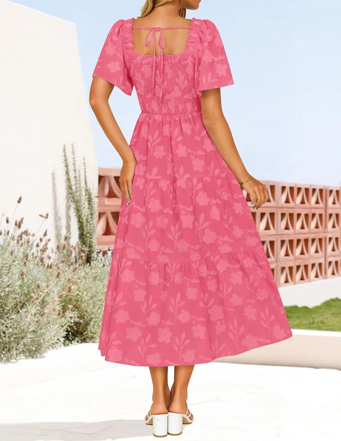 ZESICA Women‘s Summer Boho Floral Midi Dress 2025 Casual Short Sleeve Square Neck Flowy Beach Vacation Long Dress