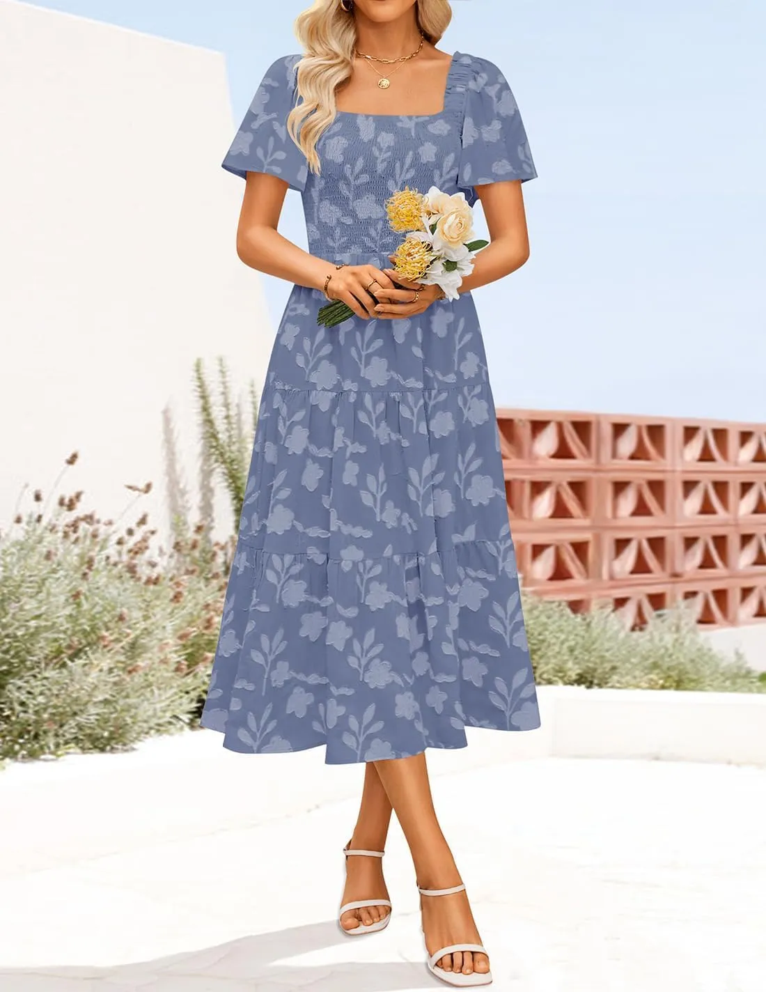 ZESICA Women‘s Summer Boho Floral Midi Dress 2025 Casual Short Sleeve Square Neck Flowy Beach Vacation Long Dress