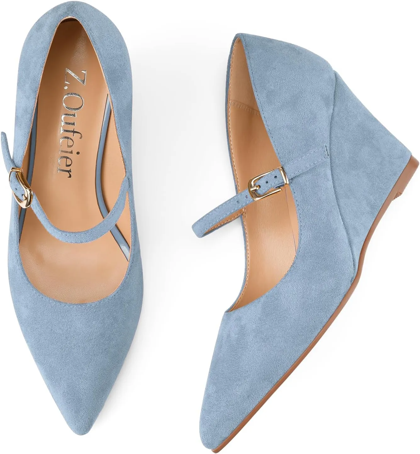Z.Oufeier Womens Pointy Toe Suede Buckle Ankle Strap Mary Jane Wedge High Heels Wedding Party Dress Business Pumps Shoes 3.4 Inches