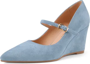 Z.Oufeier Womens Pointy Toe Suede Buckle Ankle Strap Mary Jane Wedge High Heels Wedding Party Dress Business Pumps Shoes 3.4 Inches