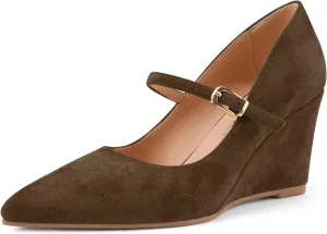 Z.Oufeier Womens Pointy Toe Suede Buckle Ankle Strap Mary Jane Wedge High Heels Wedding Party Dress Business Pumps Shoes 3.4 Inches