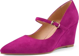 Z.Oufeier Womens Pointy Toe Suede Buckle Ankle Strap Mary Jane Wedge High Heels Wedding Party Dress Business Pumps Shoes 3.4 Inches