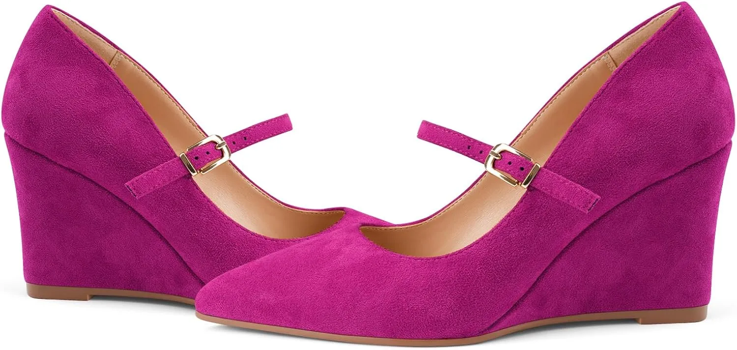 Z.Oufeier Womens Pointy Toe Suede Buckle Ankle Strap Mary Jane Wedge High Heels Wedding Party Dress Business Pumps Shoes 3.4 Inches