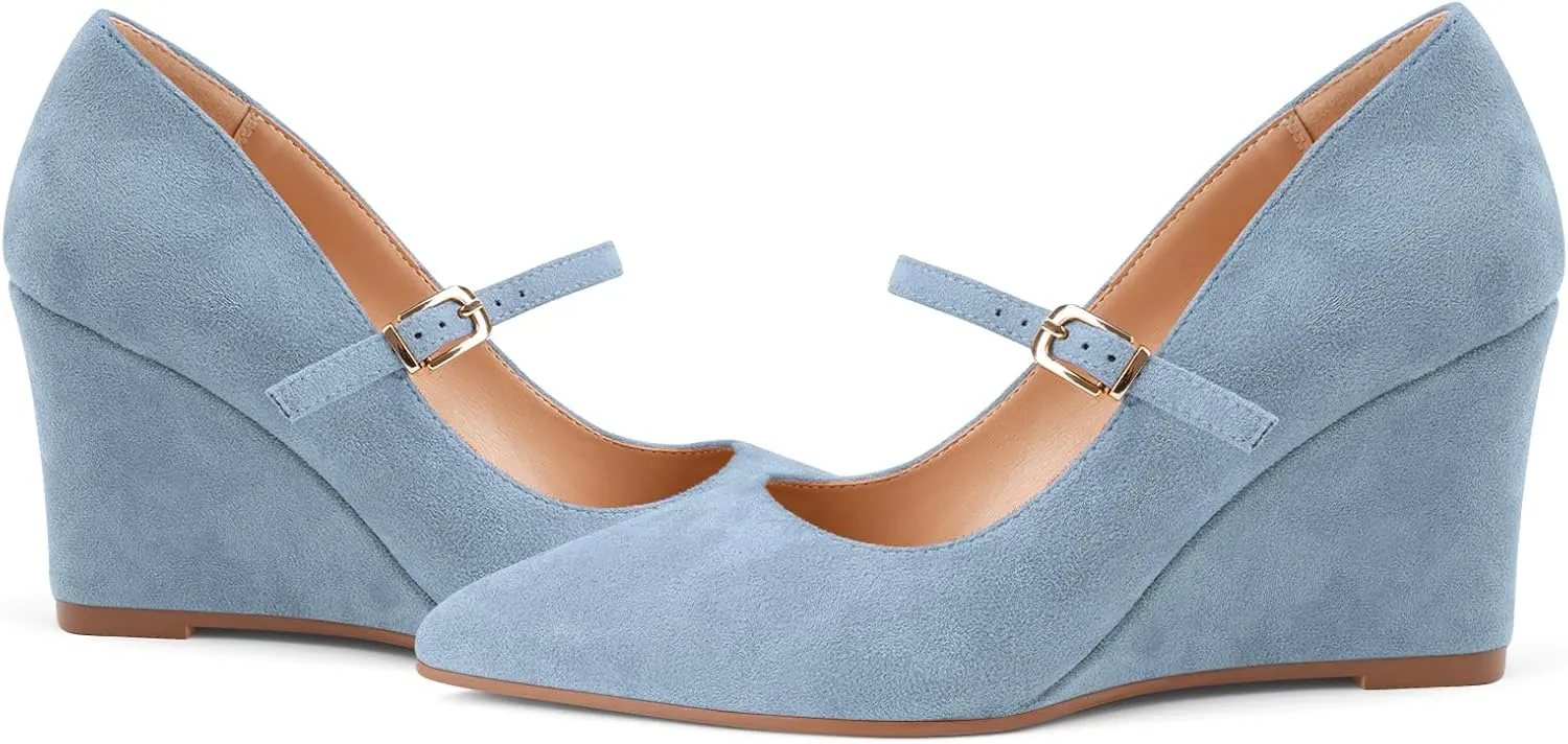 Z.Oufeier Womens Pointy Toe Suede Buckle Ankle Strap Mary Jane Wedge High Heels Wedding Party Dress Business Pumps Shoes 3.4 Inches
