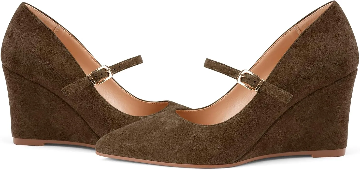 Z.Oufeier Womens Pointy Toe Suede Buckle Ankle Strap Mary Jane Wedge High Heels Wedding Party Dress Business Pumps Shoes 3.4 Inches